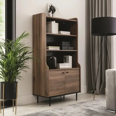 Productafbeelding van Boekenkast met deuren, model Nero R2D, ruim staande boekenkast, woonkamerkast met metalen poten (kleur: Brandy Castello)