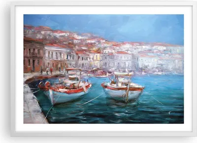 Produktbild von Gerahmtes Poster - Weißer Rahmen - Öl Boote Griechenland - 70x50 cm - Wand Bild - Wanddeko - Wandbilder - Kunstposter - Wandposter - Bilderrahmen - Bilder - Kunstdruck - P2WAA70x50-4467