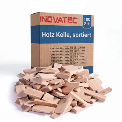 Produktbild von 100 x INOVATEC Holz Keile Mix in verschiedenen Abmessungen im Karton, KI-generiertes Bild