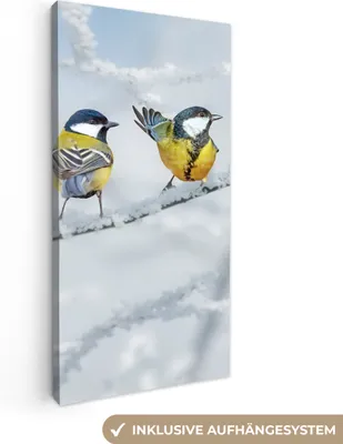 Produktbild von MuchoWow® - Leinwandbilder - Vogel - Kohlmeise - Winter - Schnee - Zweige, Wandbild, Wanddeko Bilder Wohnzimmer, 20x40 cm
