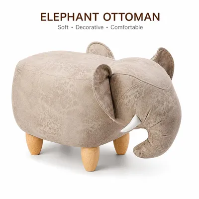 Produktbild von Elefanten-Hocker mit gepolsterter Sitzfläche, dekorativer Tierhocker mit Holzbeinen für Kinderzimmer und Wohnzimmer, Beige, KI-generiertes Bild