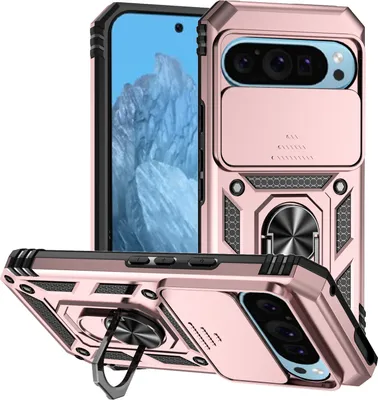 Image de Étui pour Google Pixel 9 étui double couche avec couvercle coulissant pour l'appareil photo et support annulaire Rose