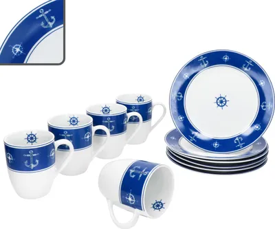Produktbild von Ahoi 12tlg Frühstücksset Porzellan Kuchenteller Kaffeebecher maritim