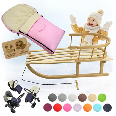 Produktbild von BAMBINIWELT HOLZSCHLITTEN mit Rückenlehne (90cm) + WINTERFUßSACK (90cm) Kinderwagen WOLLE rosa