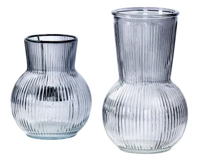 Produktbild von 2er Set Tischdeko Vase Windlicht Grau Glas Rund Teelichthalter Retro Rillen Deko Kerzenhalter Blumenvase Glasvase Deko-Set