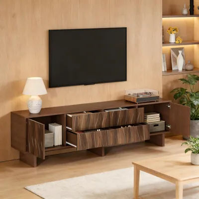 Image de OKWISH Meuble TV 180 cm Moderne avec 4 Tiroirs et 2 Portes - Meuble TV Bas Noyer pour Télévision jusqu’à 75 pouces