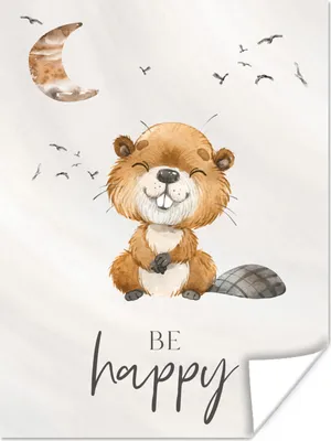 Produktbild von MuchoWow® Poster Zitate - Glücklich sein - Kinder - Mond - Biber - Aquarell 90x120 cm - Wohnzimmer