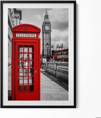 Produktbild von Schwarze Telefonzelle und Big Ben - Vereinigtes Königreich– Wandbild mit Rahmen – Gerahmtes Bild  – Wanddekoration – 70x100 cm –  Schwarz Rahmen