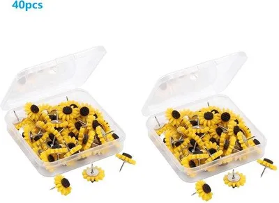 Produktbild von Set aus 40 kunststoffen und stählernen Sonnenblumenpuskeys, ideal für Akzentwände, Fotowände und Pinnbretter
