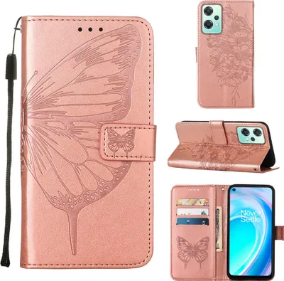 Produktbild von OnePlus Nord CE 2 Lite 5G Hülle, Schmetterling Prägung Flip Leder Kartenfächer Schutzhülle Ledertasche mit Ständer für OnePlus Nord CE 2 Lite 5G Roségold