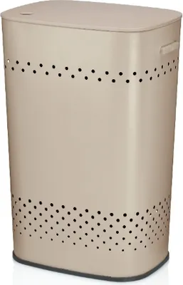 A beige laundry basket with a lid and perforated sides.
