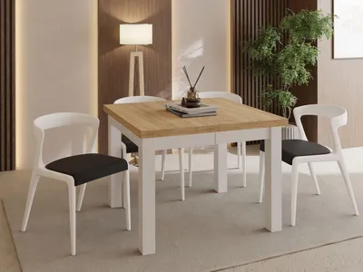 Produktbild von Quadratischer Esstisch Ausziehbar 90 bis 290 cm – Verlängerbar, für 4-14 Personen mit Weißen Holzbeinen – Tisch für Wohnzimmer & Esszimmer in Eiche Braun