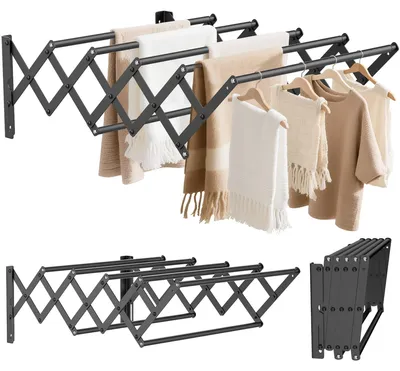 Image de Étagère à linge extensible en acier inoxydable - Longueur réglable de 42 à 80 cm - Capacité de charge de 28 kg - Pour intérieur/extérieur - Sept barres à linge - Sèche-linge