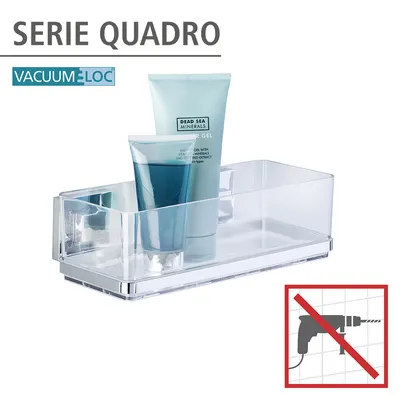 A clear product shot of a bathroom shelf with two bottles of toiletries, set against a white background. A graphic indicating no drilling is present in the bottom right corner.