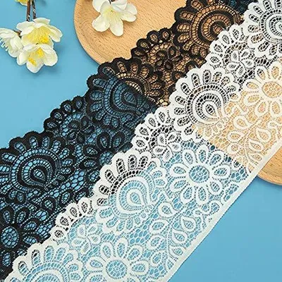 Image de Ruban élastique de 10 mètres, 10 cm de large, blanc, motif floral, pour les loisirs créatifs, la lingerie, les robes de mariée et la décoration