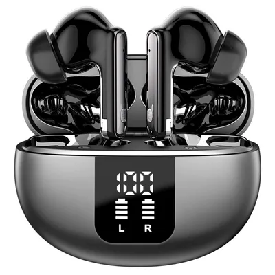 A pair of black wireless earbuds in a charging case with a digital display.