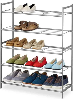 Productafbeelding van Schoenenrek met 5 etages - stapelbaar en uitbreidbaar - 90 x 70 x 26 cm - geschikt voor 15 paar schoenen - zilver
