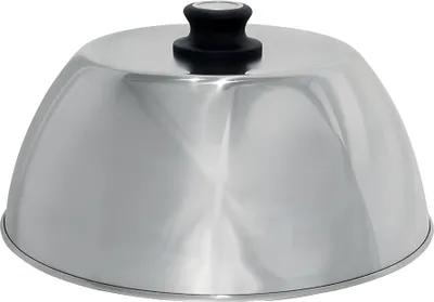 A stainless steel grill lid with a black handle is shown against a white background.