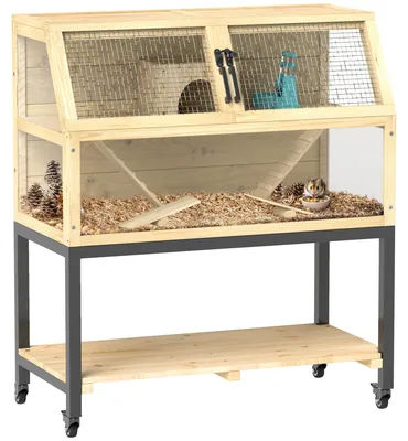 Productafbeelding van Houten kooi voor dwerghamsters met opbergvak, wielen, hellingen, waterfles, huisje, wip, 87 x 43 x 101 cm
