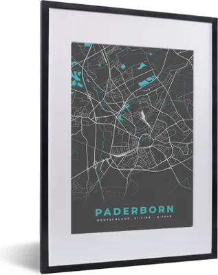 Produktbild von MuchoWow® Gerahmtes Poster Karte - Paderborn - Blau - Stadtplan - Deutschland 30x40 cm - Poster mit Schwarzem Bilderrahmen Wandposter Rahmen Foto Bilder - Wandposter Schlafzimmer