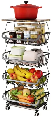Image de Panier métallique à roulettes - Chariot de rangement de cuisine à 5 étages - Rangement pour fruits et légumes - Organisateur en acier inoxydable - Noir