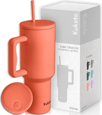 Produktbild von Kuketo | Thermobecher 1,2 L Mit Griff Und Strohhalm – Edelstahl Isolierbecher Orange Für Kaffee, Tee & Getränke – Auslaufsicher & Stilvoll