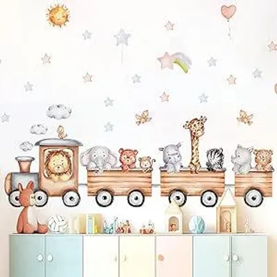 Produktbild von GKA Wandtattoo Zug Afrika Wandsticker GK70 Kinderzimmer Wandaufkleber für Kinder 87 cm Löwe Elefant Giraffe Affe Zebra