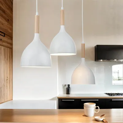 Produktbild von Pendelleuchte Weiß Metall Holz 3-flammig verstellbar Skandinavisch E27 Hängelampe Esszimmer