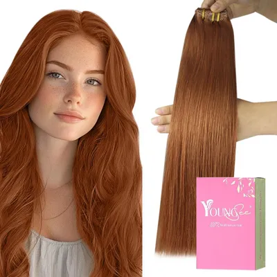 Produktbild von Clip in Extensions Echthaar Salon Qualität 45 cm 120g 7 Stücke Rotbraun Glatt