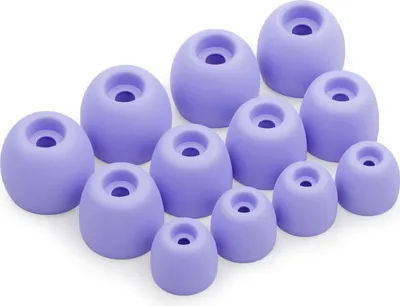 A collection of 12 violet silicone ear tips for headphones, arranged in a scattered pattern on a white background.
