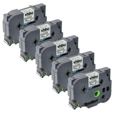 Produktbild von vhbw 5x Schriftband-Kassette kompatibel mit Brother PT E300VP, E500, D800W, E300 Etiketten-Drucker 8m x 18mm Schwarz auf Weiß, Extra Stark, Laminiert