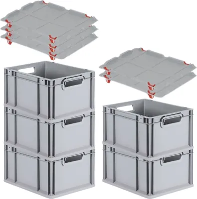 Produktbild von SparSet 5x Eurobox NextGen Economy mit Auflagedeckel und 4x Schiebeschnappverschlüsse Rot | Griffe offen | HxBxT 22x30x40cm | 20 Liter | Eurobehälter, Transportbox, Transportbehälter, Stapelbehälter