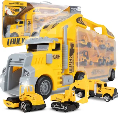 Image de Malplay XL camion en métal avec 6 voitures dans la valise | toboggan pour voitures | véhicules de chantier | 2en1 | 45cm | jaune | dès 3 ans