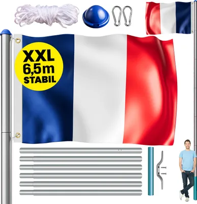 Produktbild von MONZANA® Fahnenmast 6,5m Seilzug Bodenhülse inkl. Frankreich Flagge Französische Nationalflagge Fahne höhenverstellbar Flaggenmast Aluminium Teleskop Fahnenstange