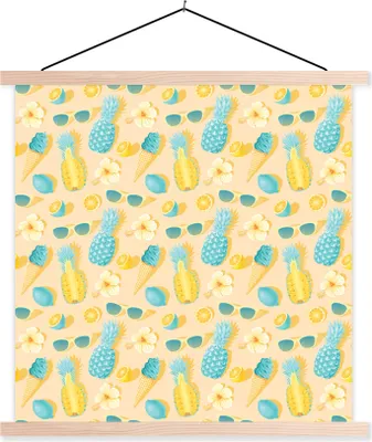 Produktbild von MuchoWow® Textilposter Sommer - Muster - Ananas 120x120 cm mit holzfarbenen Rahmen - Textil-Poster