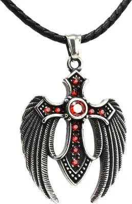 Produktbild von Lederkette Edelstahlkette 316L FLÜGELKREUZ ROT 60 cm Leder 05-04