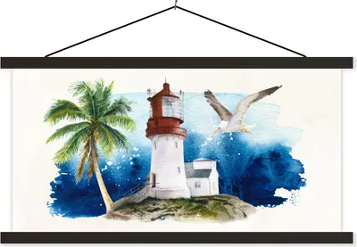 Produktbild von MuchoWow® Textilposter Leuchtturm - Palme - Vogel 60x30 cm mit schwarzem Rahmen - Textilien
