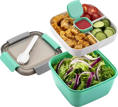 Obrázek produktu pro Obědová krabička s víkem, která nepropouští, sada Bento boxů na salát s nádobkou na zálivku, 3 přihrádky, krabička na salát a svačinu, vhodná do mikrovlnné trouby, pro školu/práci/pikniky a cestování (zelená)