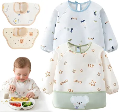 Produktbild von Baby Lätzchen mit Ärmeln, 4 Stücke, wasserdicht, für Babynahrung