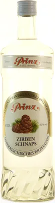 A bottle of Prinz Zirbenschnaps on a white background.