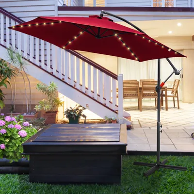 Produktbild von SWANEW Ampelschirm 350cm LED-Beleuchtung & Kurbel – UV-Schutz wasserabweisend knickbar – Sonnenschirm Marktschirm – Rot