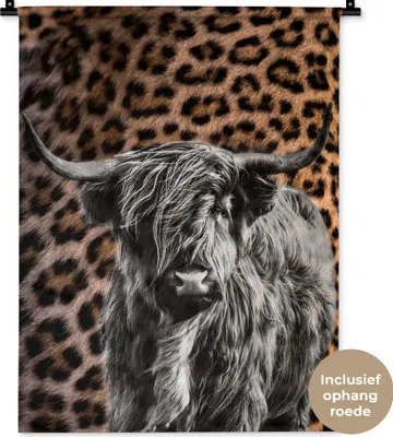 Produktbild von MuchoWow® Wandteppich Wandbehang Schottisches Hochlandrind - Schwarz - Weiß - Panther 60x80 cm Tapisserie Dekoration Wandtuch - Decke - Wandtücher - Wohne