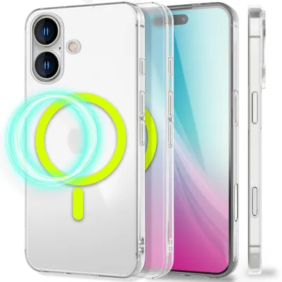 Produktbild von NALIA Ultra Slim Hardcase für iPhone 16 – MagSafe & Nachleuchtender Ring – THINIX GLOW (0,3mm Dünn) – Marke aus Berlin – Neongelb Transparent
