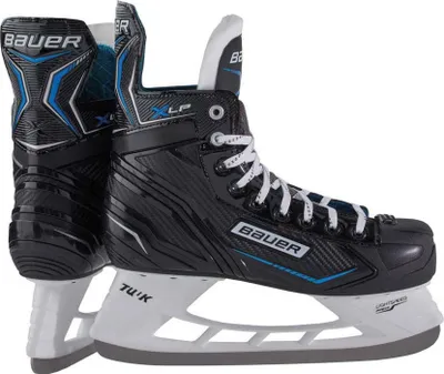 A pair of black Bauer hockey skates with white laces and blue accents, shown from the side.