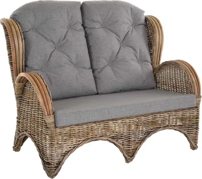 Produktbild von KRINES HOME Rattan-Sofa 2-Sitzer Korbsofa Sofa wie Ohrensessel Hochlehn-Sofa Wintergarten Couch Rattanmöbel Grau Natur