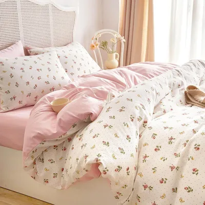 Produktbild von Bettwäsche Set 135x200cm in Weiß mit Rosa Blumen und Pflanzenmuster