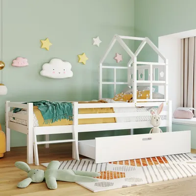 Produktbild von STILVORA Bettgestell 90x200 mit Schubladen&Leiter,Kinderbett mit Rausfallschutz&Lattenrost,Holzbett in Hausform,Weiß(ohne Matratze)