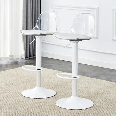 Produktbild von MODFU 2er-Set Barhocker,Balkenstuhl mit transparente Rückenlehne und weiße Metallbeine,Drehstuhl mit 360 ° Drehung,Loungesessel mit höhenverstellbar von 82-104 cm