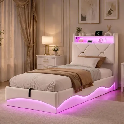 Zdjęcie produktu dla Łóżko tapicerowane INONEFT, 90x200 cm, z podświetleniem LED i portami USB, łóżko z pojemnikiem na pościel otwierane hydraulicznie, jednoosobowe łóżko z pojemnikiem i zagłówkiem, łóżko młodzieżowe z elastycznym stelażem, kolor beżowy