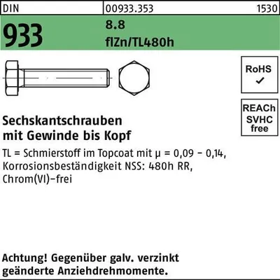 Produktbild von Reyher  Sechskantschrauben DIN 933 8.8 M 6x16 flZn 009333530060016 (500 Stück)